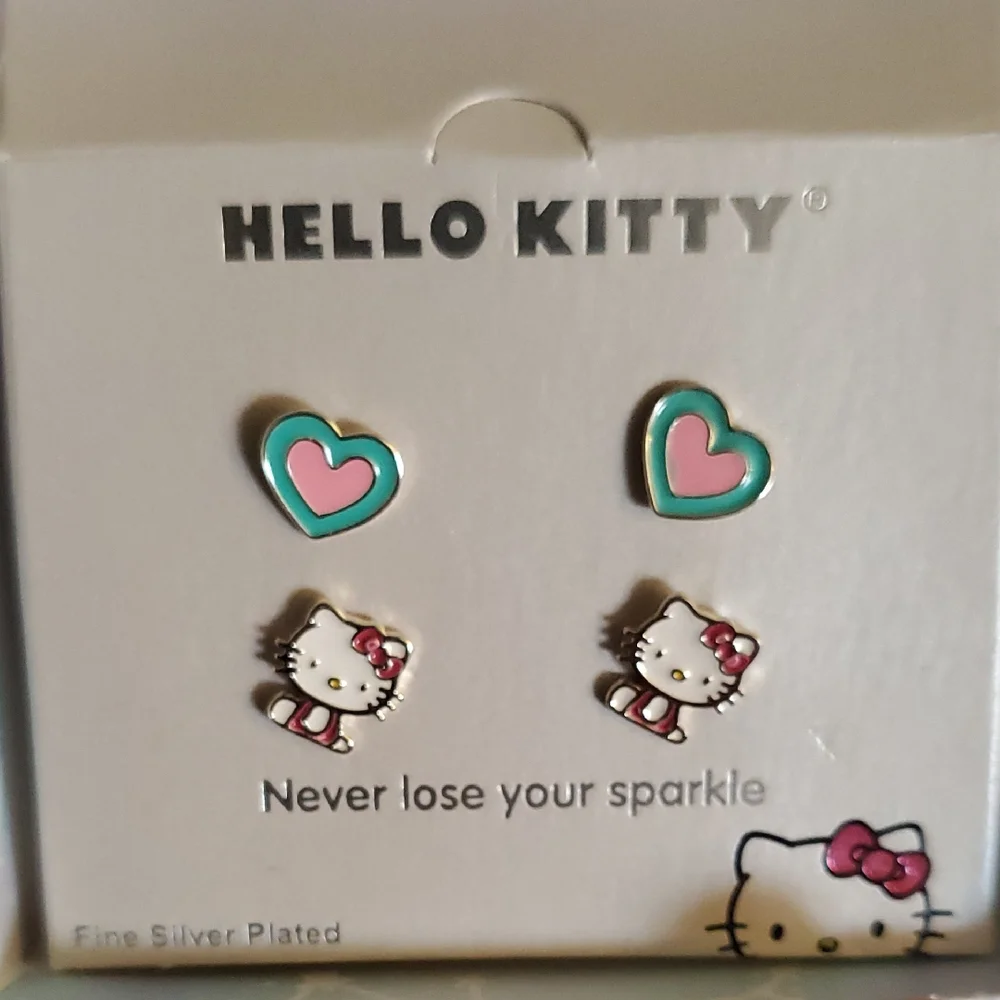 SANRIO Hello Kitty & Heart Stud Pierced Earrings Pink Teal FINE SILVER PLATE